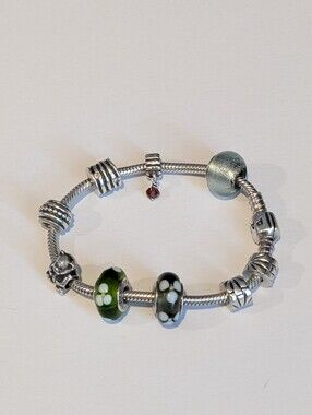 Sterling Silver Pandora Moments snake chain bracelet 7" - With 9 Charms!